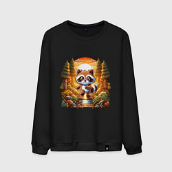 Свитшот хлопковый мужской Енот шагает по лесу, цвет: черный