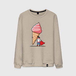 Свитшот хлопковый мужской Забавный супермен держит огромный рожок мороженого, цвет: миндальный