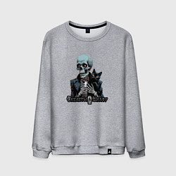 Свитшот хлопковый мужской Арт котик и скелет, цвет: меланж