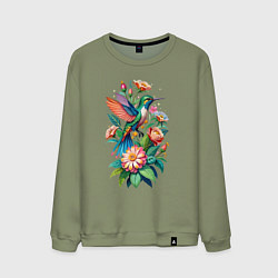 Свитшот хлопковый мужской Колибри среди цветов, цвет: авокадо
