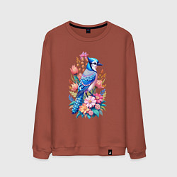 Свитшот хлопковый мужской Голубая сойка среди цветов, цвет: кирпичный