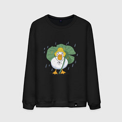 Свитшот хлопковый мужской Милая уточка гусь под листом в шляпке в дождь, цвет: черный