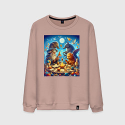 Свитшот хлопковый мужской Леший за сказочным столом в окружении зверья - ней, цвет: пыльно-розовый