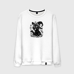 Свитшот хлопковый мужской Черный кот в шляпе ведьмы тату, цвет: белый