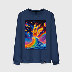 Свитшот хлопковый мужской Огненный Пикачу на волне - нейроарт фантазия, цвет: тёмно-синий