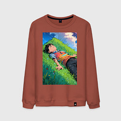 Свитшот хлопковый мужской Аниме мальчик на траве, цвет: кирпичный