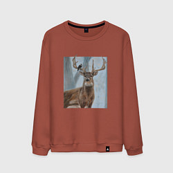 Свитшот хлопковый мужской Олень и птица живопись, цвет: кирпичный
