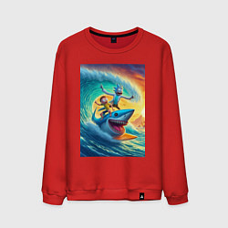 Свитшот хлопковый мужской Рик и Морти - сёрфинг на акуле, цвет: красный