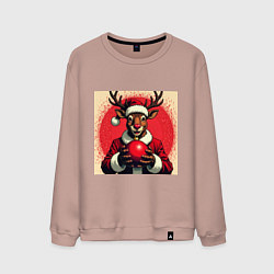 Свитшот хлопковый мужской Рождественский олень Рудольф в шапке Санты, цвет: пыльно-розовый