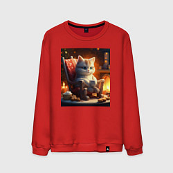 Свитшот хлопковый мужской Уютный кот у камина с чашкой какао, цвет: красный