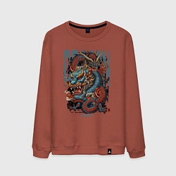 Свитшот хлопковый мужской Драконы в стиле татуировки ирезуми, цвет: кирпичный