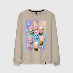 Свитшот хлопковый мужской Улыбающиеся яркие разноцветные стаканчики с bubble, цвет: миндальный