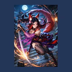 Свитшот хлопковый мужской Лисица с катаной на фоне Луны, цвет: тёмно-синий — фото 2