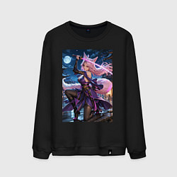 Свитшот хлопковый мужской Лисица с катаной на фоне Луны, цвет: черный