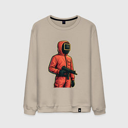 Свитшот хлопковый мужской Игра в кальмара - страж с пулеметом, цвет: миндальный