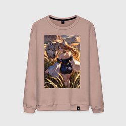 Мужской свитшот Девушка-волчица посреди поля пшеницы