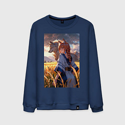 Свитшот хлопковый мужской Девушка-волчица посреди поля пшеницы, цвет: тёмно-синий