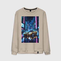 Свитшот хлопковый мужской Суперкар едет среди небоскребов, цвет: миндальный