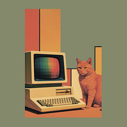 Свитшот хлопковый мужской Рыжий кот сидит у старого компьютера ретро поп-арт, цвет: авокадо — фото 2