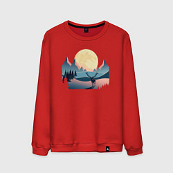 Свитшот хлопковый мужской Горы, луна и олень, зимний пейзаж, цвет: красный