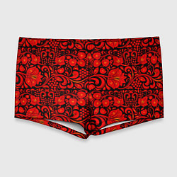 Мужские плавки Хохломская роспись красные цветы и ягоды на чёрном, цвет: 3D-принт
