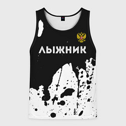 Майка-безрукавка мужская Лыжник из России и герб РФ: символ сверху, цвет: 3D-черный