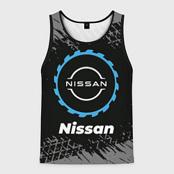 Майка-безрукавка мужская Nissan в стиле Top Gear со следами шин на фоне, цвет: 3D-черный