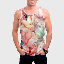 Майка-безрукавка мужская Разноцветные пастельные тюльпаны - паттерн, цвет: 3D-белый — фото 2