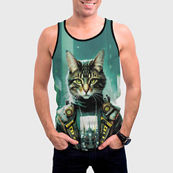 Майка-безрукавка мужская Funny cat on the background of skyscrapers, цвет: 3D-черный — фото 2