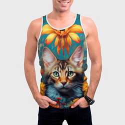 Майка-безрукавка мужская Дикая кошка в цветах, цвет: 3D-белый — фото 2