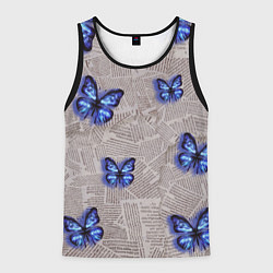 Майка-безрукавка мужская Газетные обрывки и синие бабочки, цвет: 3D-черный