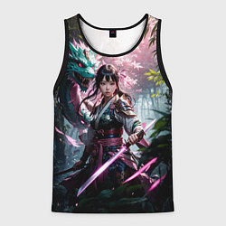 Мужская майка без рукавов Японская девушка и дракон