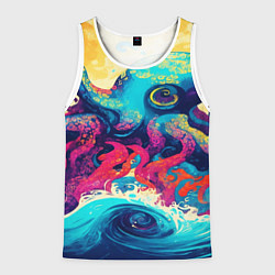 Мужская майка без рукавов Разноцветный осьминог на волнах красок
