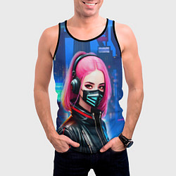 Майка-безрукавка мужская Девушка с розовыми волосами - киберпанк, цвет: 3D-черный — фото 2