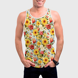 Майка-безрукавка мужская Паттерн из желтых и красных цветов, цвет: 3D-белый — фото 2