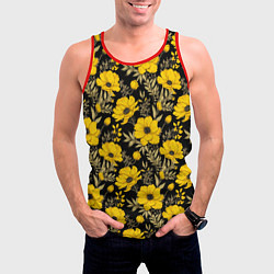 Майка-безрукавка мужская Желтые цветы на черном фоне паттерн, цвет: 3D-красный — фото 2