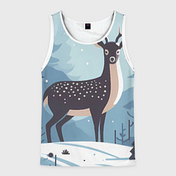 Майка-безрукавка мужская Зимняя сказка олень в лесу, цвет: 3D-белый