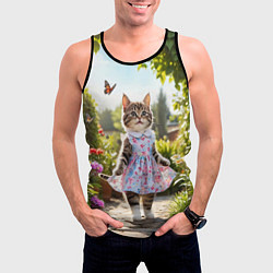 Майка-безрукавка мужская Кошка в летнем платье в саду, цвет: 3D-черный — фото 2