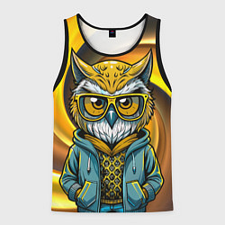 Майка-безрукавка мужская Модная сова и желтый спиральный фон, цвет: 3D-черный