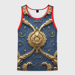 Майка-безрукавка мужская Золотые узоры на синей ткани, цвет: 3D-красный