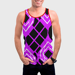 Майка-безрукавка мужская Чёрные квадраты и белые полосы на фиолетовом фоне, цвет: 3D-красный — фото 2
