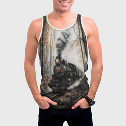 Майка-безрукавка мужская Паровоз со звездой в осеннем лесу, цвет: 3D-белый — фото 2