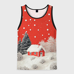 Мужская майка без рукавов Новогодний домик и красное небо