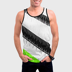 Майка-безрукавка мужская Диагональные чёрно-белые полосы на зелёном фоне, цвет: 3D-черный — фото 2