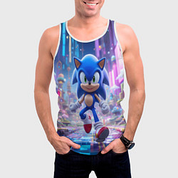 Майка-безрукавка мужская Sonic в неоновом городе, цвет: 3D-белый — фото 2