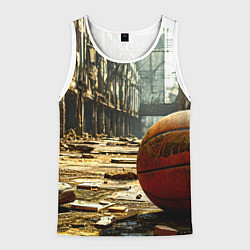 Майка-безрукавка мужская Баскетбольный мяч и город постапокалипсиса, цвет: 3D-белый