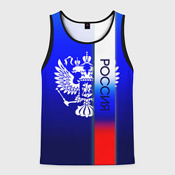 Мужская майка без рукавов Россия герб и полоса триколор синий