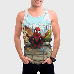 Майка-безрукавка мужская Маленький человек-паук в городе, цвет: 3D-белый — фото 2