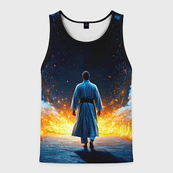 Майка-безрукавка мужская Айкидоист в огне и синий дым, цвет: 3D-черный