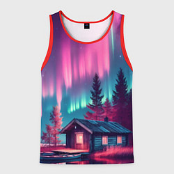 Майка-безрукавка мужская Лиловое сияние над лесом, цвет: 3D-красный